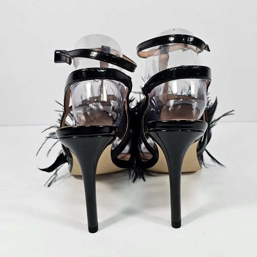 Halston Heritage Tasha Black Patent Feather Ankle Strap Sandals 4